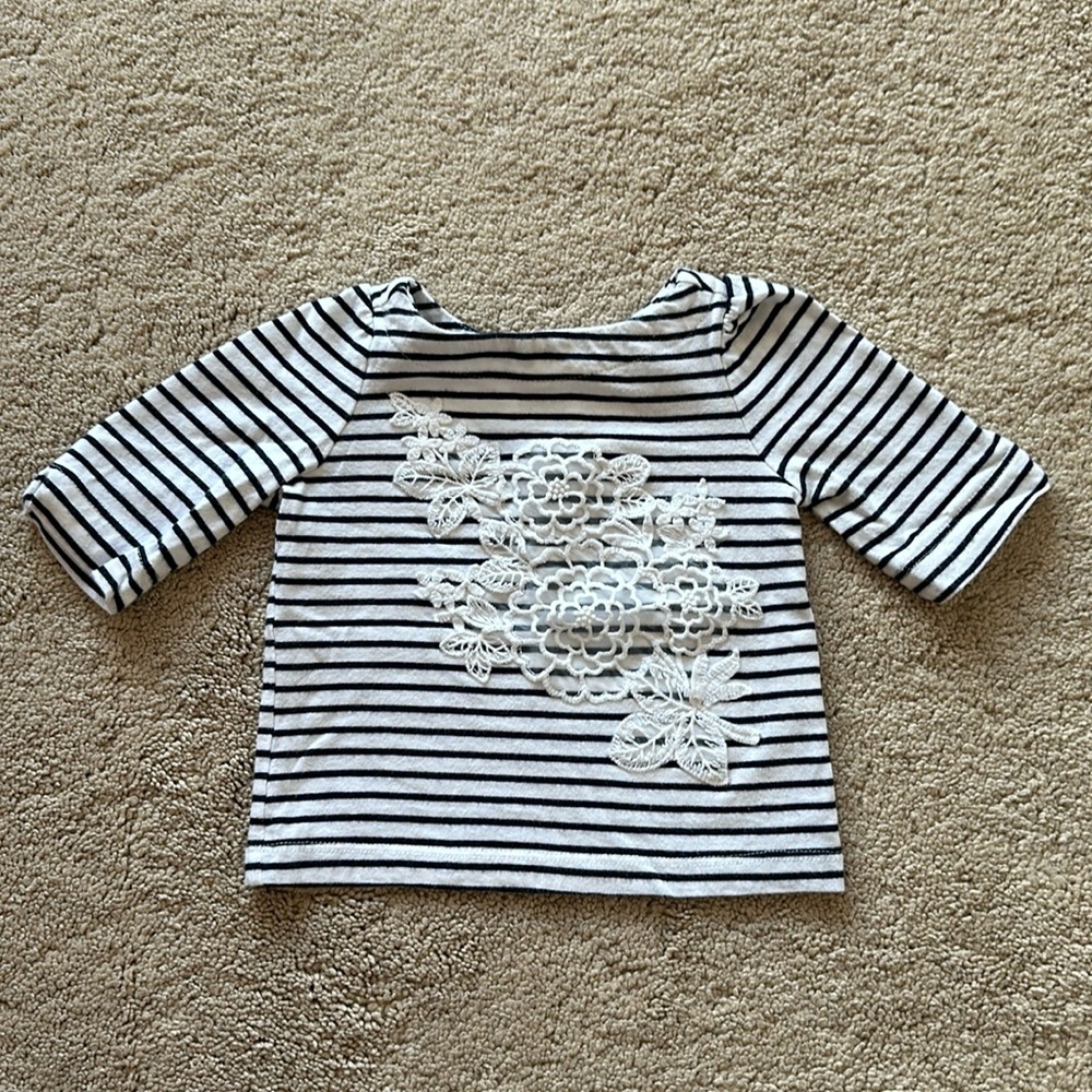 Janie and Jack 3/4 sleeve shirt with lace flower detail navy and white stripe